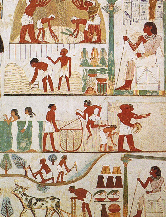 Mural Egipto agricultores en la tumba de Nakht